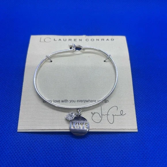 LC Lauren Conrad Silver 'Love' Charm Bangle with Purple Beaded Stretch Bracelet - Picture 3 of 4
